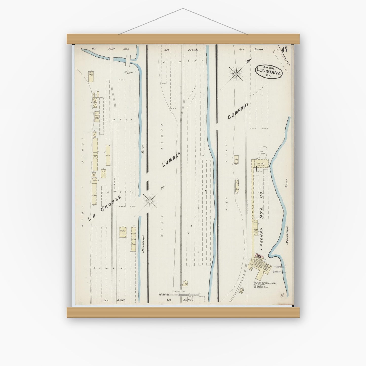 Old map wall art mockup — magnetic wood frame on white wall — Sanborn Fire Insurance Map from Louisiana, Pike County, Missouri (1885), Sheet #0006