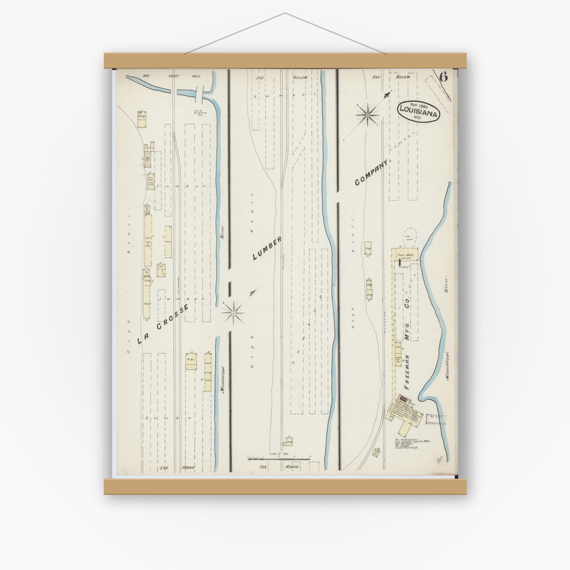 Old map wall art mockup — magnetic wood frame on white wall — Sanborn Fire Insurance Map from Louisiana, Pike County, Missouri (1885), Sheet #0006