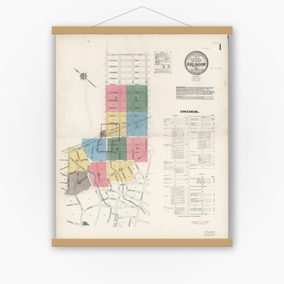 Old map wall art mockup — magnetic wood frame on white wall — Sanborn Fire Insurance Map from Burlingame, San Mateo County, California (1913), Sheet #0001