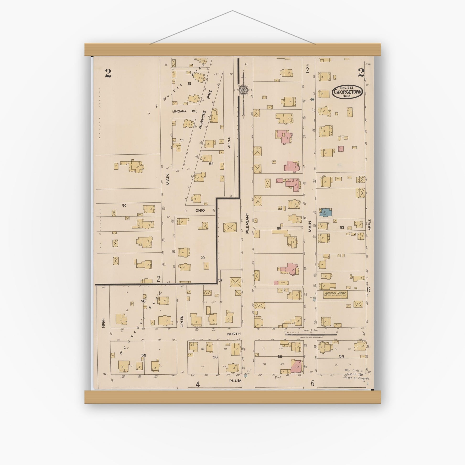 Old map wall art mockup — magnetic wood frame on white wall — Sanborn Fire Insurance Map from Georgetown, Brown County, Ohio (1922), Sheet #0002