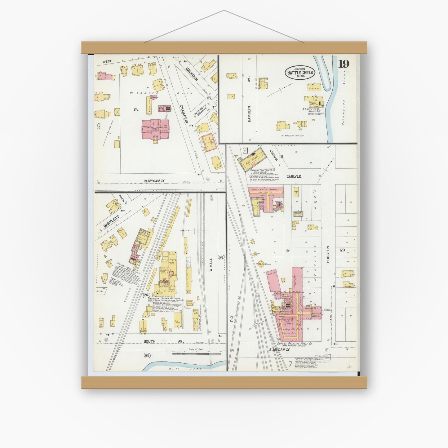 Old map wall art mockup — magnetic wood frame on white wall — Sanborn Fire Insurance Map from Battle Creek, Calhoun County, Michigan (1902), Sheet #0019