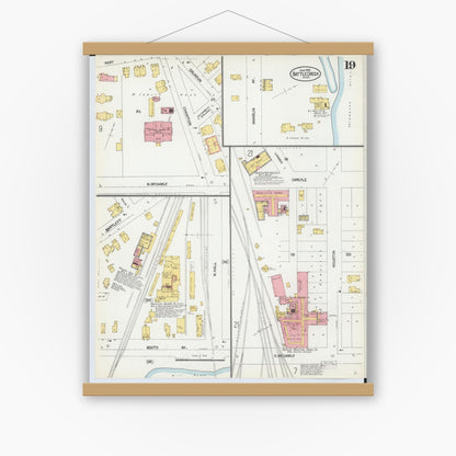 Old map wall art mockup — magnetic wood frame on white wall — Sanborn Fire Insurance Map from Battle Creek, Calhoun County, Michigan (1902), Sheet #0019