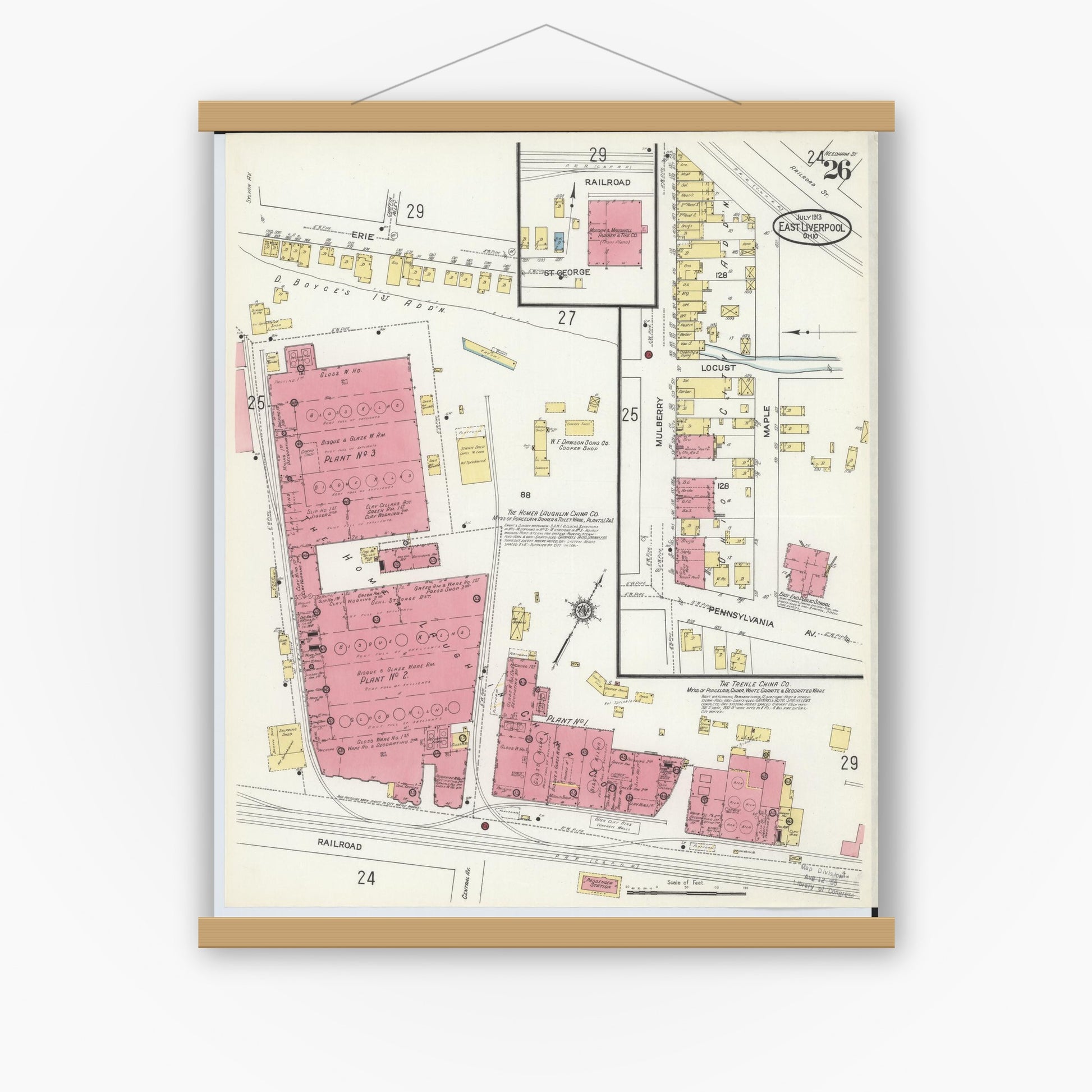 Old map wall art mockup — magnetic wood frame on white wall — Sanborn Fire Insurance Map from East Liverpool, Columbiana County, Ohio (1913), Sheet #0026