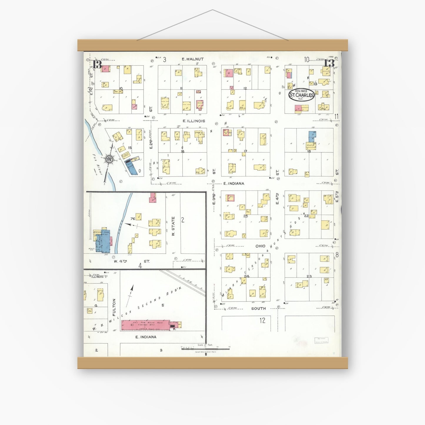 Old map wall art mockup — magnetic wood frame on white wall — Sanborn Fire Insurance Map from Saint Charles, Kane County, Illinois (1923), Sheet #0013