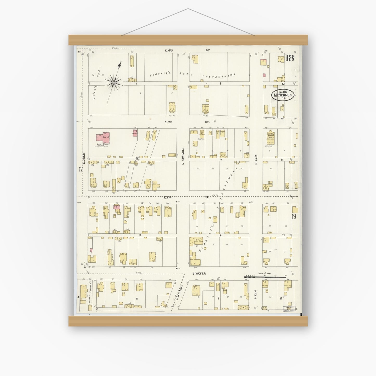 Old map wall art mockup — magnetic wood frame on white wall — Sanborn Fire Insurance Map from Mount Vernon, Posey County, Indiana (1907), Sheet #0018