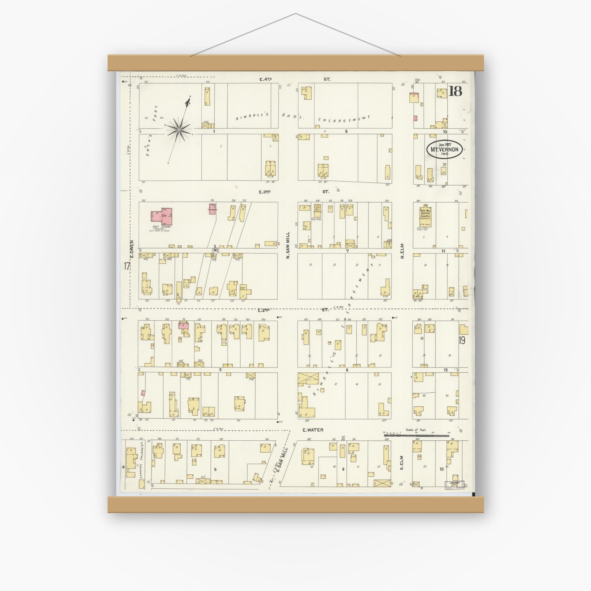 Old map wall art mockup — magnetic wood frame on white wall — Sanborn Fire Insurance Map from Mount Vernon, Posey County, Indiana (1907), Sheet #0018