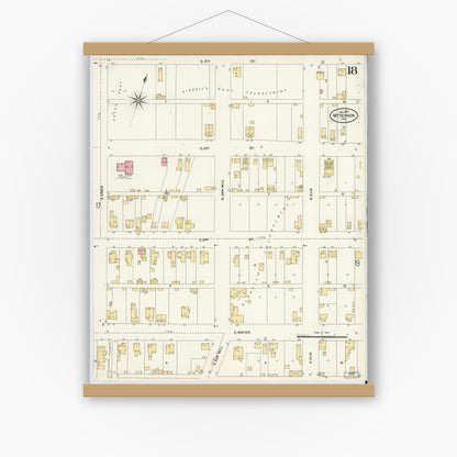 Old map wall art mockup — magnetic wood frame on white wall — Sanborn Fire Insurance Map from Mount Vernon, Posey County, Indiana (1907), Sheet #0018