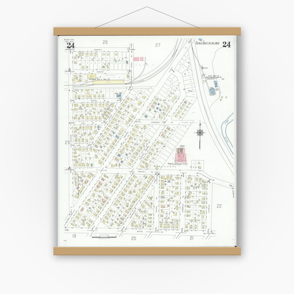 Old map wall art mockup — magnetic wood frame on white wall — Sanborn Fire Insurance Map from Beloit, Rock County, Wisconsin (1939), Sheet #0024