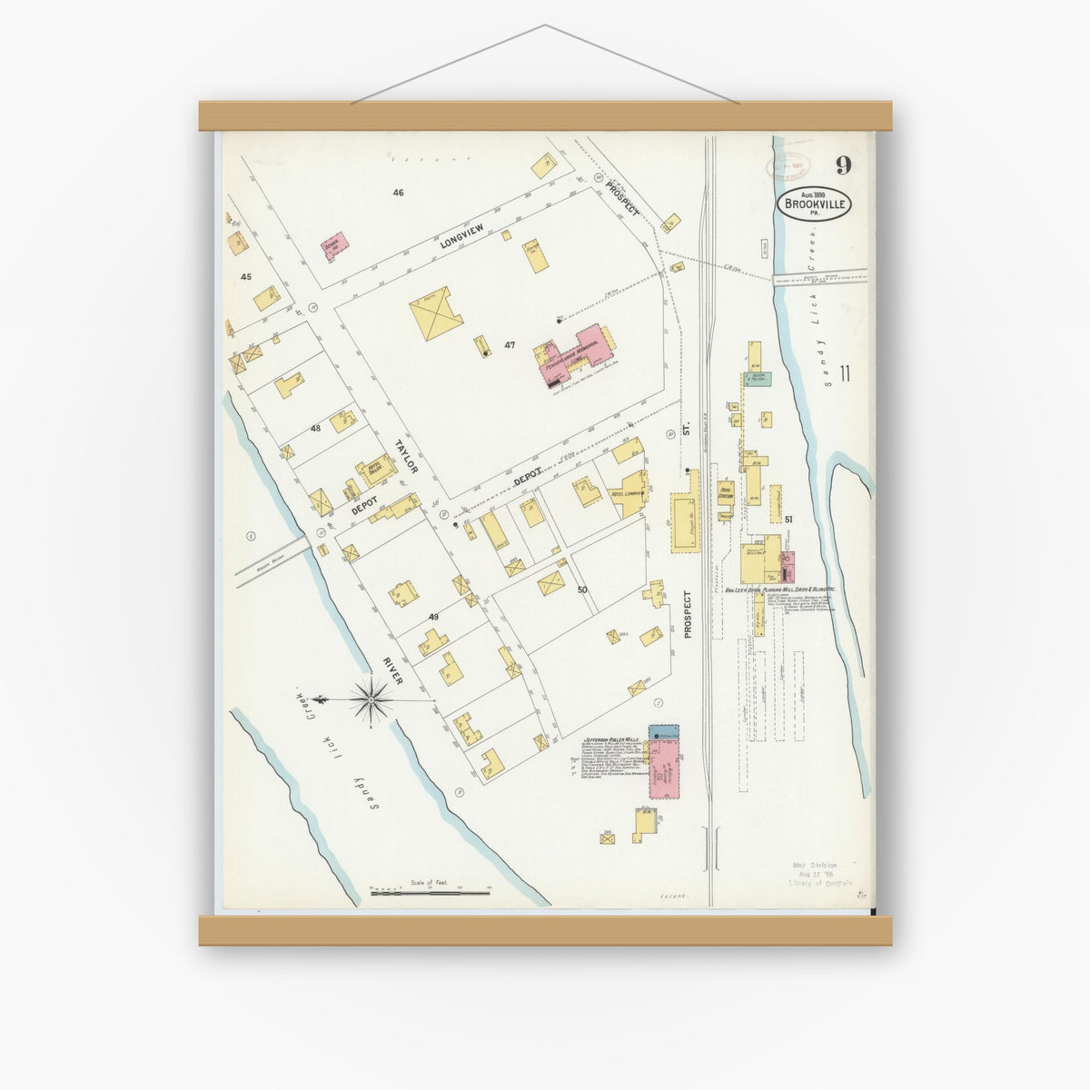 Old map wall art mockup — magnetic wood frame on white wall — Sanborn Fire Insurance Map from Brookville, Jefferson County, Pennsylvania (1899), Sheet #0009