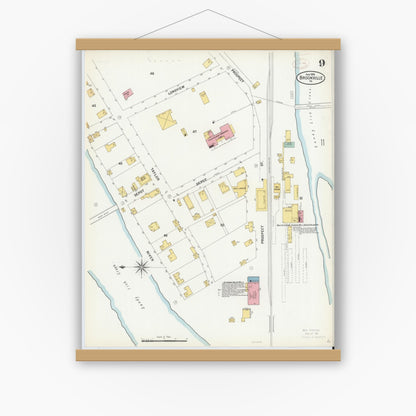 Old map wall art mockup — magnetic wood frame on white wall — Sanborn Fire Insurance Map from Brookville, Jefferson County, Pennsylvania (1899), Sheet #0009