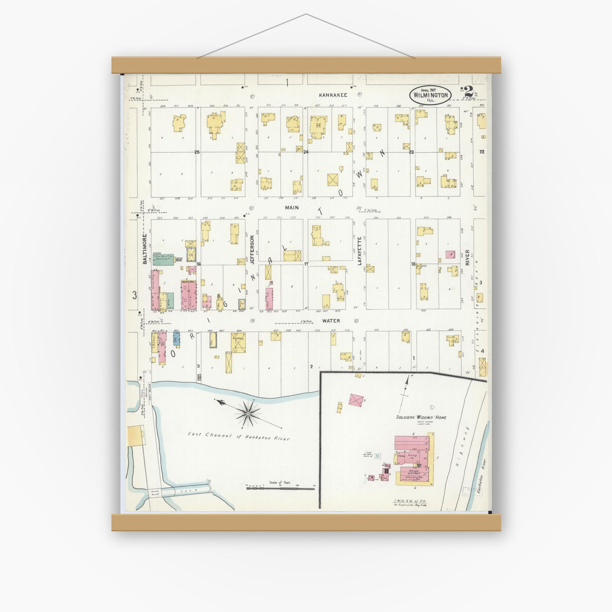 Old map wall art mockup — magnetic wood frame on white wall — Sanborn Fire Insurance Map from Wilmington, Will County, Illinois (1907), Sheet #0002
