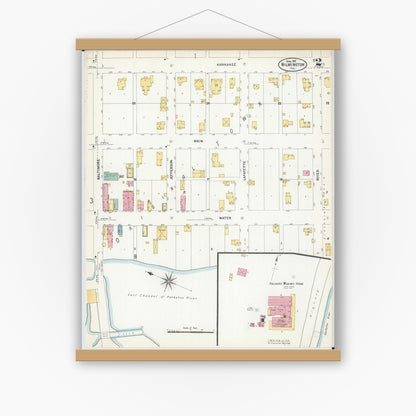 Old map wall art mockup — magnetic wood frame on white wall — Sanborn Fire Insurance Map from Wilmington, Will County, Illinois (1907), Sheet #0002