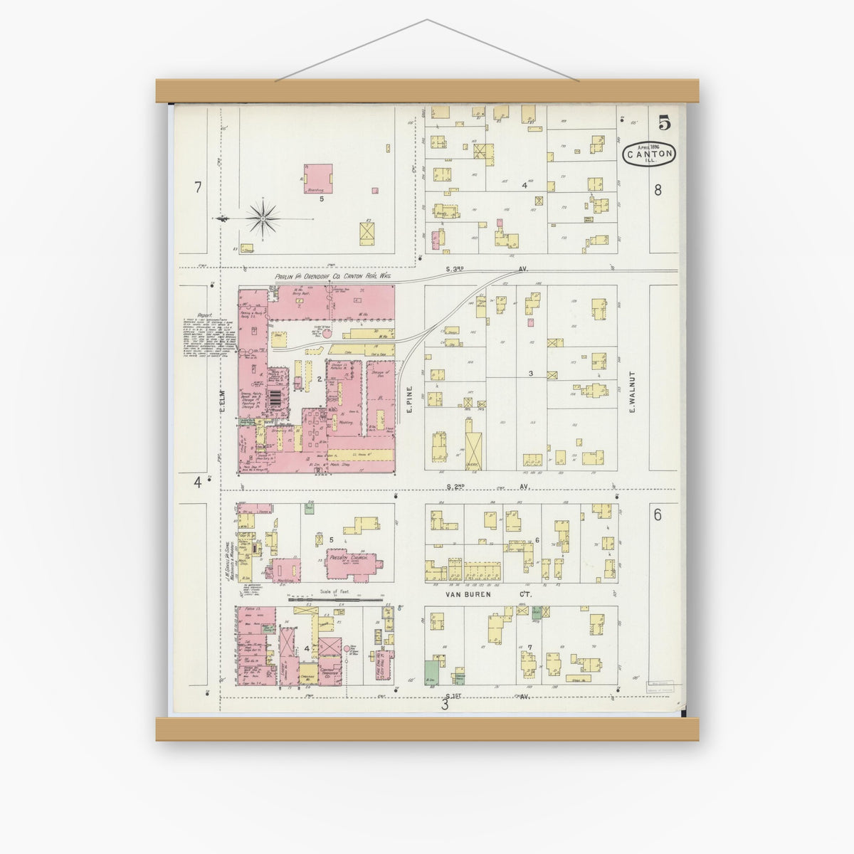 Old map wall art mockup — magnetic wood frame on white wall — Sanborn Fire Insurance Map from Canton, Fulton County, Illinois (1896), Sheet #0005