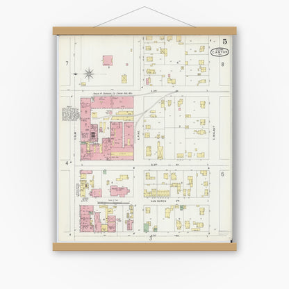 Old map wall art mockup — magnetic wood frame on white wall — Sanborn Fire Insurance Map from Canton, Fulton County, Illinois (1896), Sheet #0005
