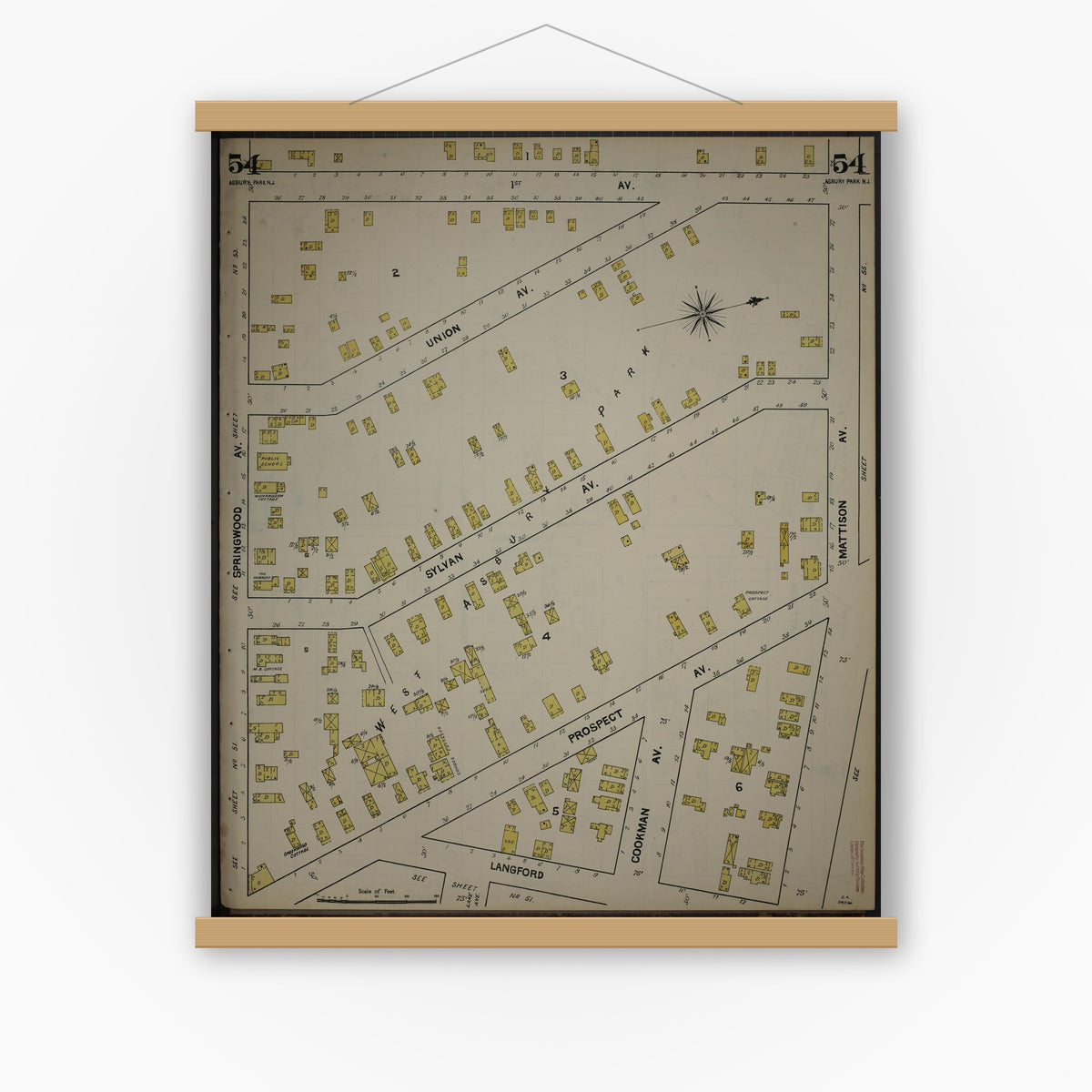 Old map wall art mockup — magnetic wood frame on white wall — Sanborn Fire Insurance Map from New Jersey Coast, New Jersey Coast, New Jersey (1890), Sheet #0054