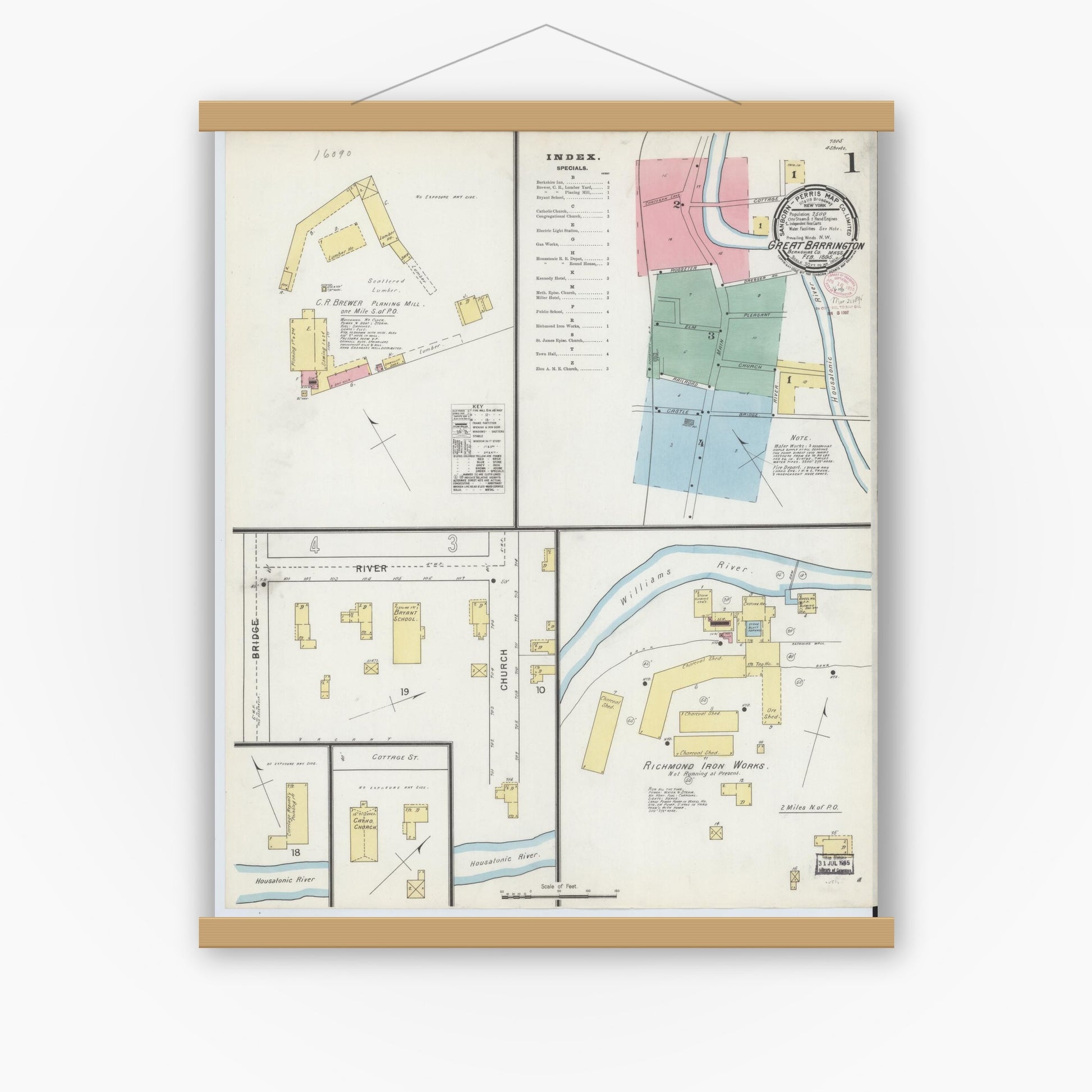 Old map wall art mockup — magnetic wood frame on white wall — Sanborn Fire Insurance Map from Great Barrington, Berkshire County, Massachusetts (1895) - Complete Map Set