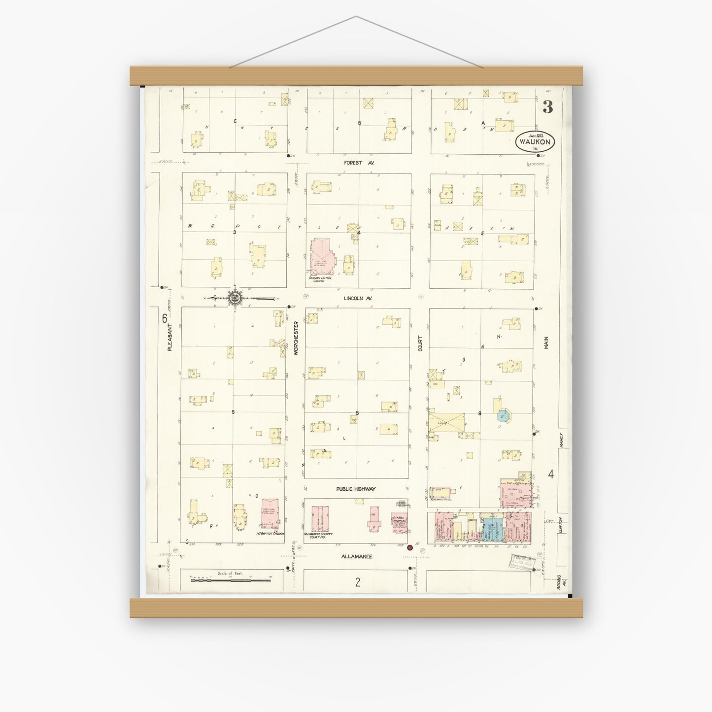 Old map wall art mockup — magnetic wood frame on white wall — Sanborn Fire Insurance Map from Waukon, Allamakee County, Iowa (1913), Sheet #0003