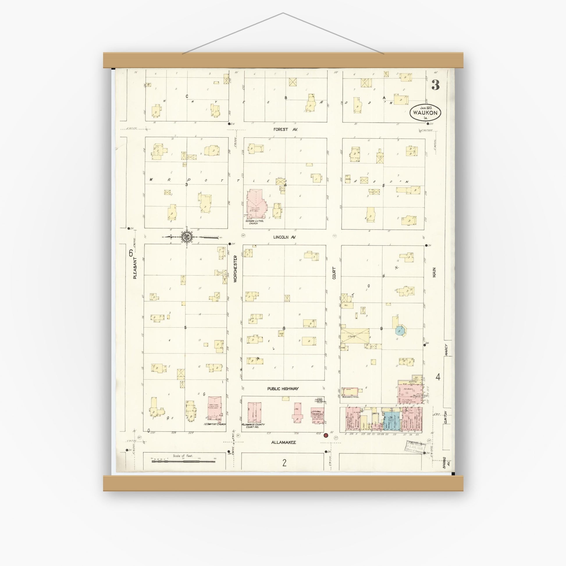 Old map wall art mockup — magnetic wood frame on white wall — Sanborn Fire Insurance Map from Waukon, Allamakee County, Iowa (1913), Sheet #0003