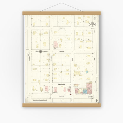Old map wall art mockup — magnetic wood frame on white wall — Sanborn Fire Insurance Map from Waukon, Allamakee County, Iowa (1913), Sheet #0003