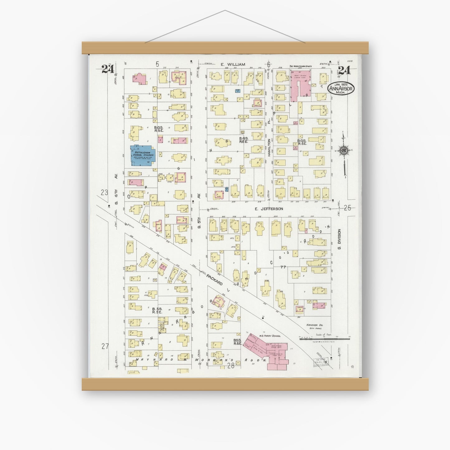 Old map wall art mockup — magnetic wood frame on white wall — Sanborn Fire Insurance Map from Ann Arbor, Washtenaw County, Michigan (1925), Sheet #0024