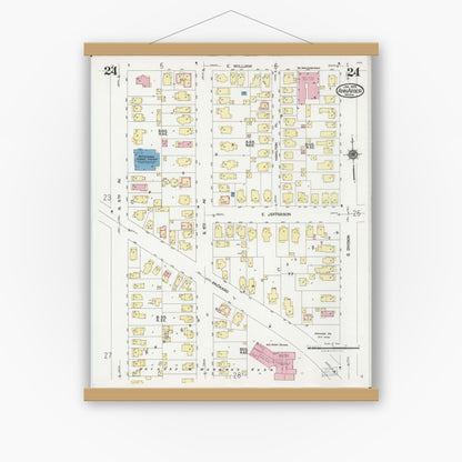 Old map wall art mockup — magnetic wood frame on white wall — Sanborn Fire Insurance Map from Ann Arbor, Washtenaw County, Michigan (1925), Sheet #0024