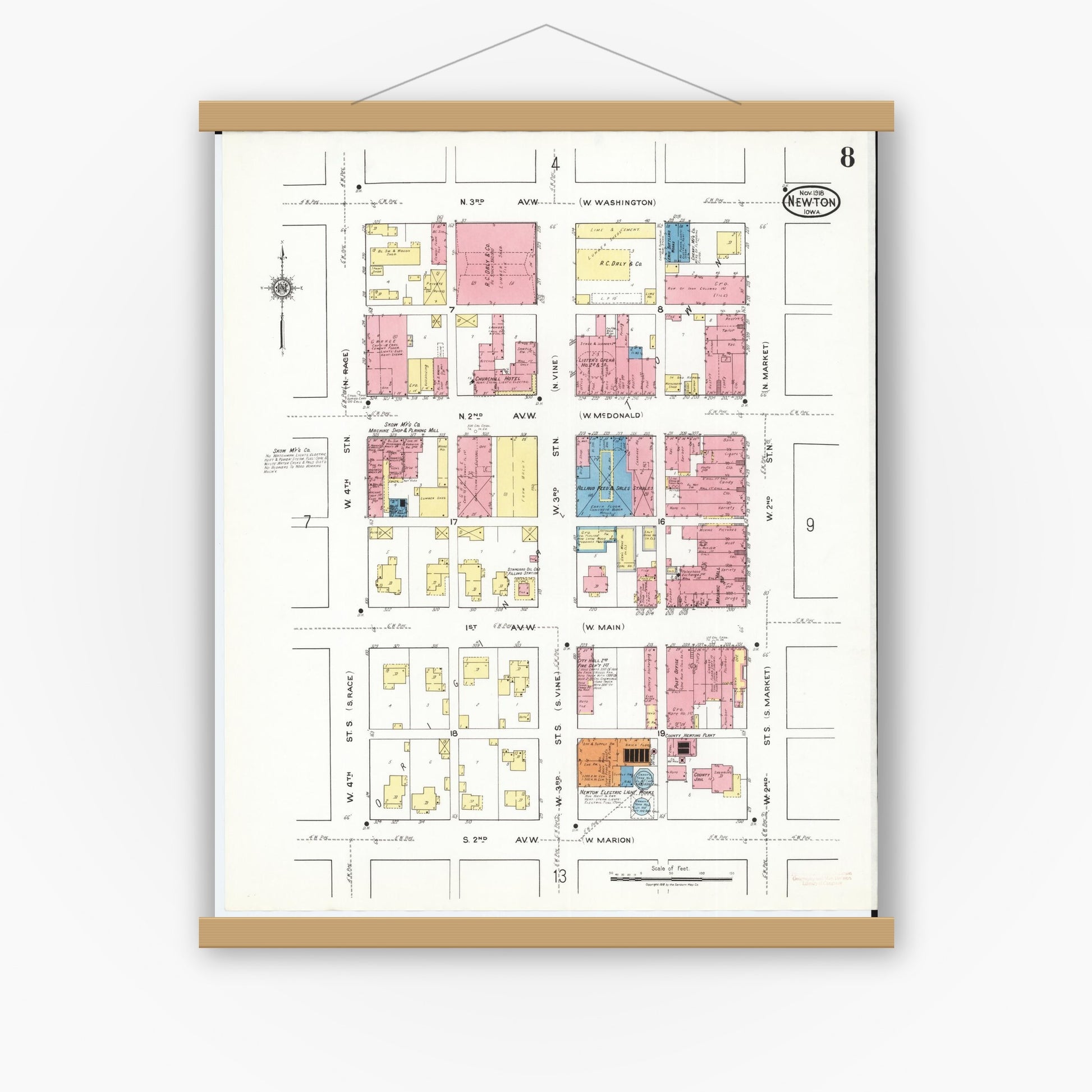 Old map wall art mockup — magnetic wood frame on white wall — Sanborn Fire Insurance Map from Newton, Jasper County, Iowa (1918), Sheet #0008