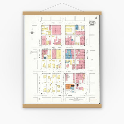 Old map wall art mockup — magnetic wood frame on white wall — Sanborn Fire Insurance Map from Newton, Jasper County, Iowa (1918), Sheet #0008