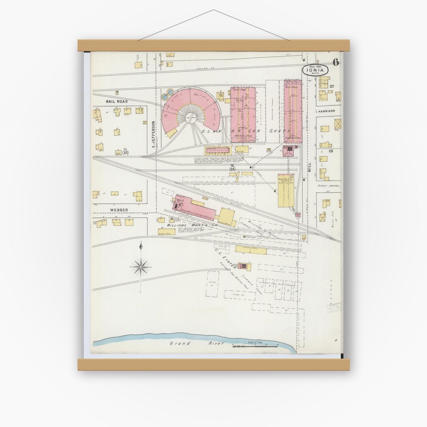 Old map wall art mockup — magnetic wood frame on white wall — Sanborn Fire Insurance Map from Ionia, Ionia County, Michigan (1895), Sheet #0006