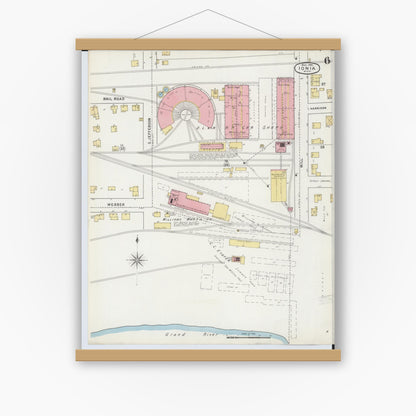 Old map wall art mockup — magnetic wood frame on white wall — Sanborn Fire Insurance Map from Ionia, Ionia County, Michigan (1895), Sheet #0006