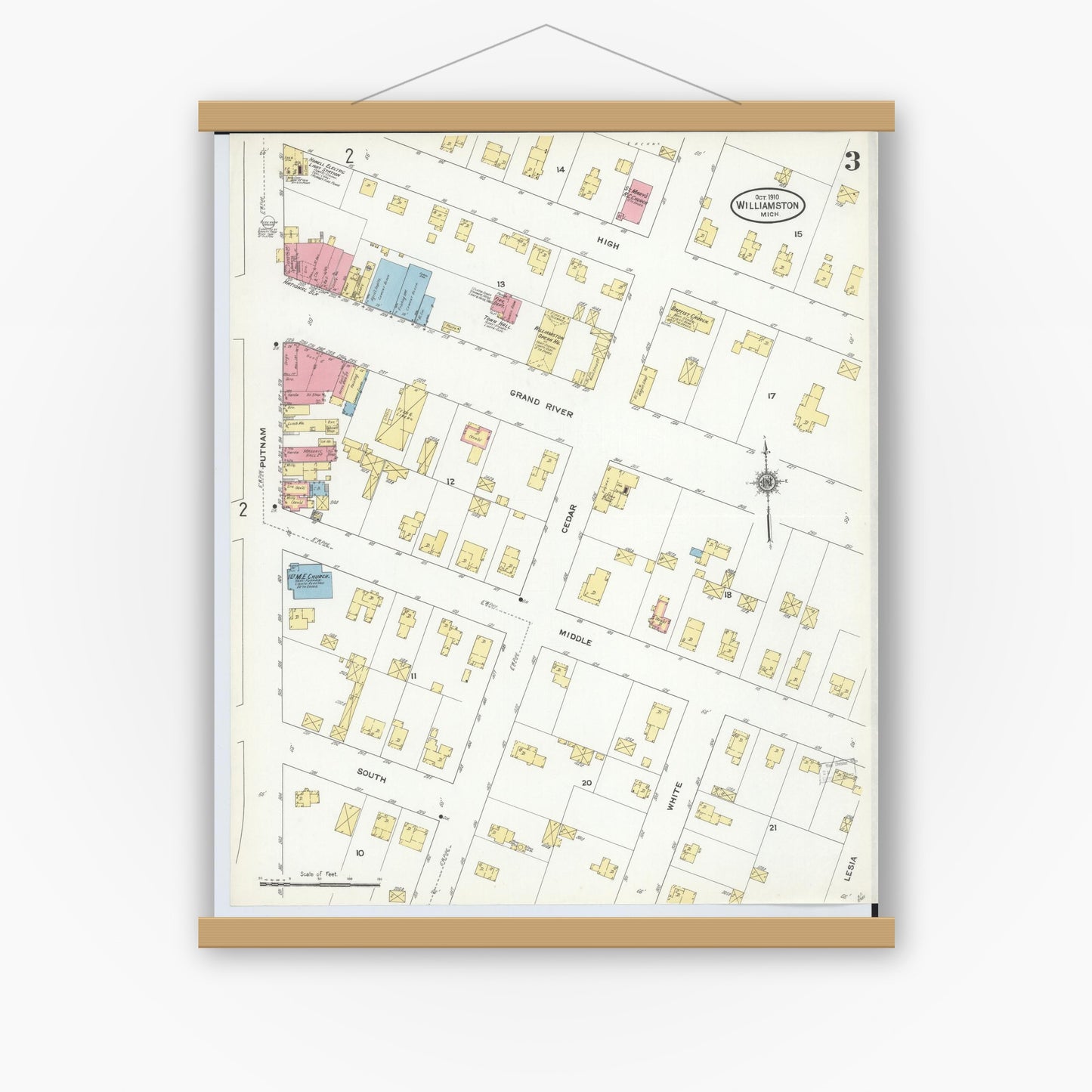 Old map wall art mockup — magnetic wood frame on white wall — Sanborn Fire Insurance Map from Williamston, Ingham County, Michigan (1910), Sheet #0003