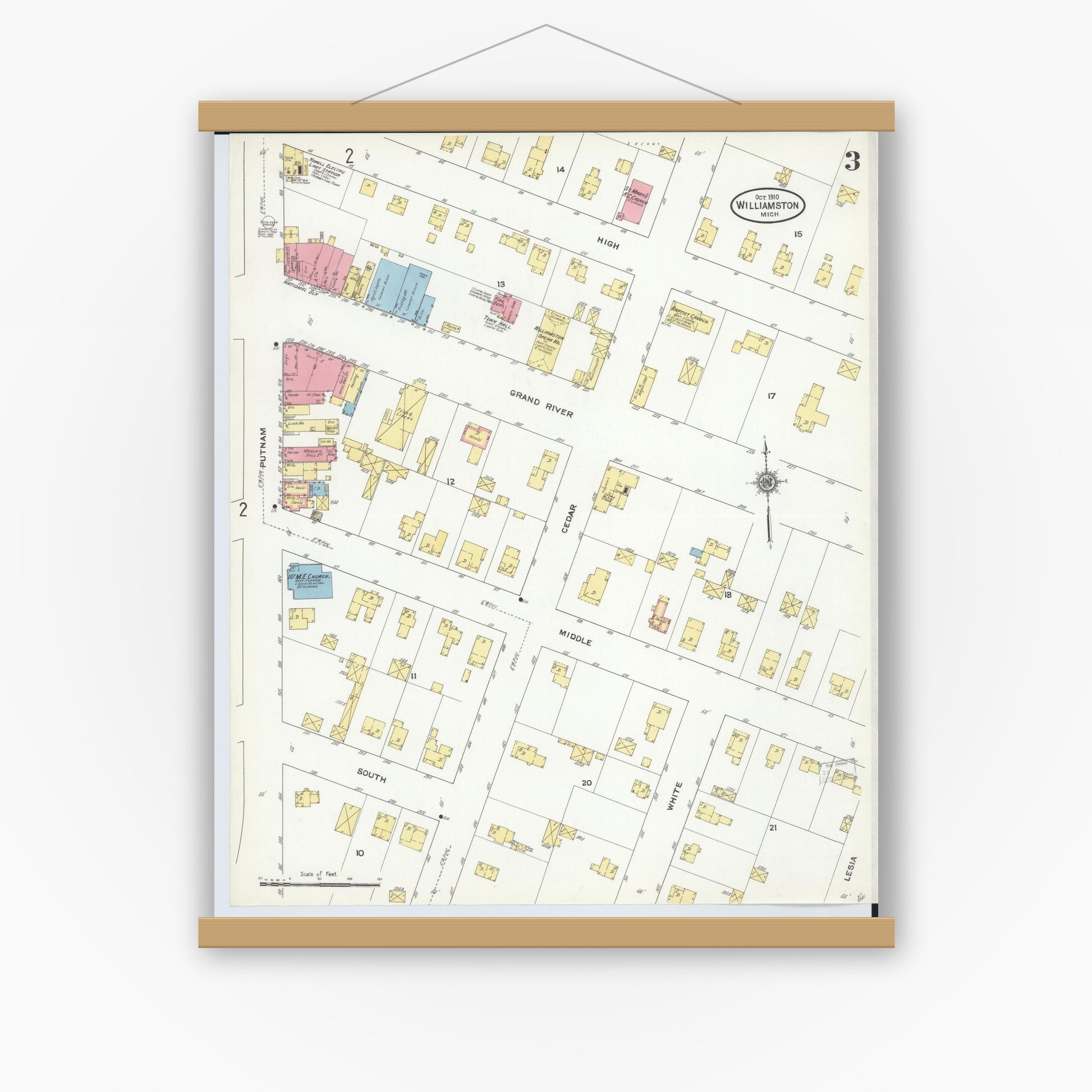 Old map wall art mockup — magnetic wood frame on white wall — Sanborn Fire Insurance Map from Williamston, Ingham County, Michigan (1910), Sheet #0003