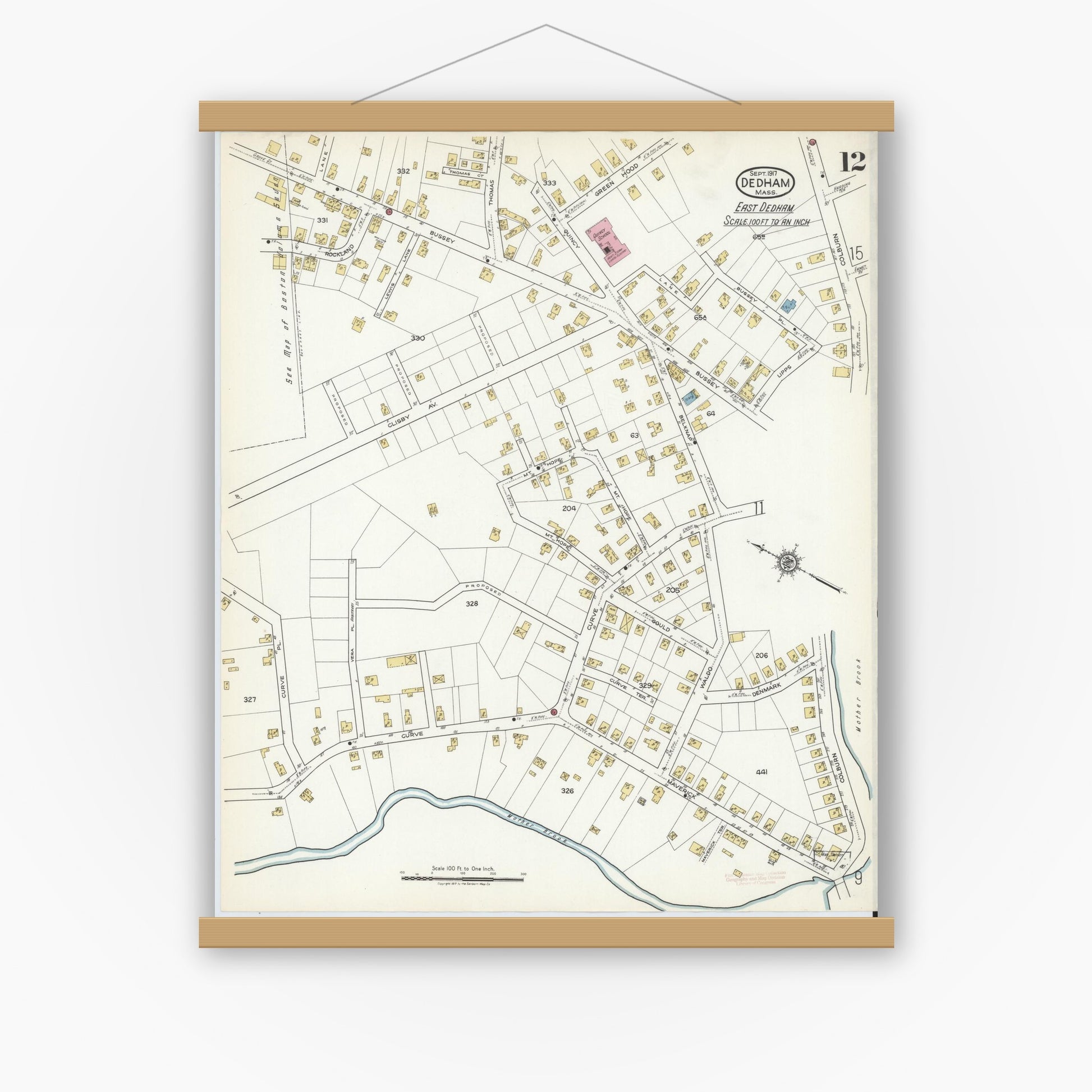 Old map wall art mockup — magnetic wood frame on white wall — Sanborn Fire Insurance Map from Dedham, Norfolk County, Massachusetts (1917), Sheet #0012