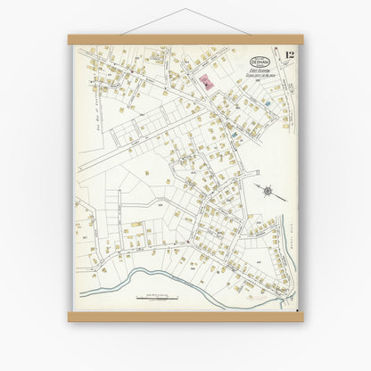 Old map wall art mockup — magnetic wood frame on white wall — Sanborn Fire Insurance Map from Dedham, Norfolk County, Massachusetts (1917), Sheet #0012