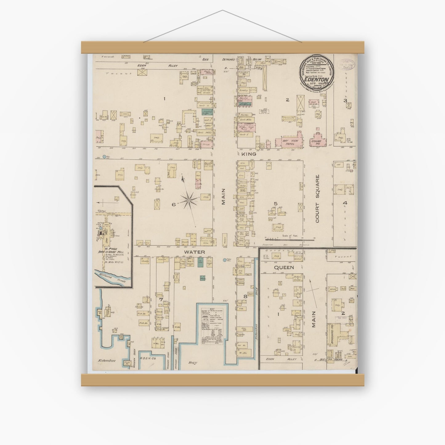 Old map wall art mockup — magnetic wood frame on white wall — Sanborn Fire Insurance Map from Edenton, Chowan County, North Carolina (1885), Sheet #0001