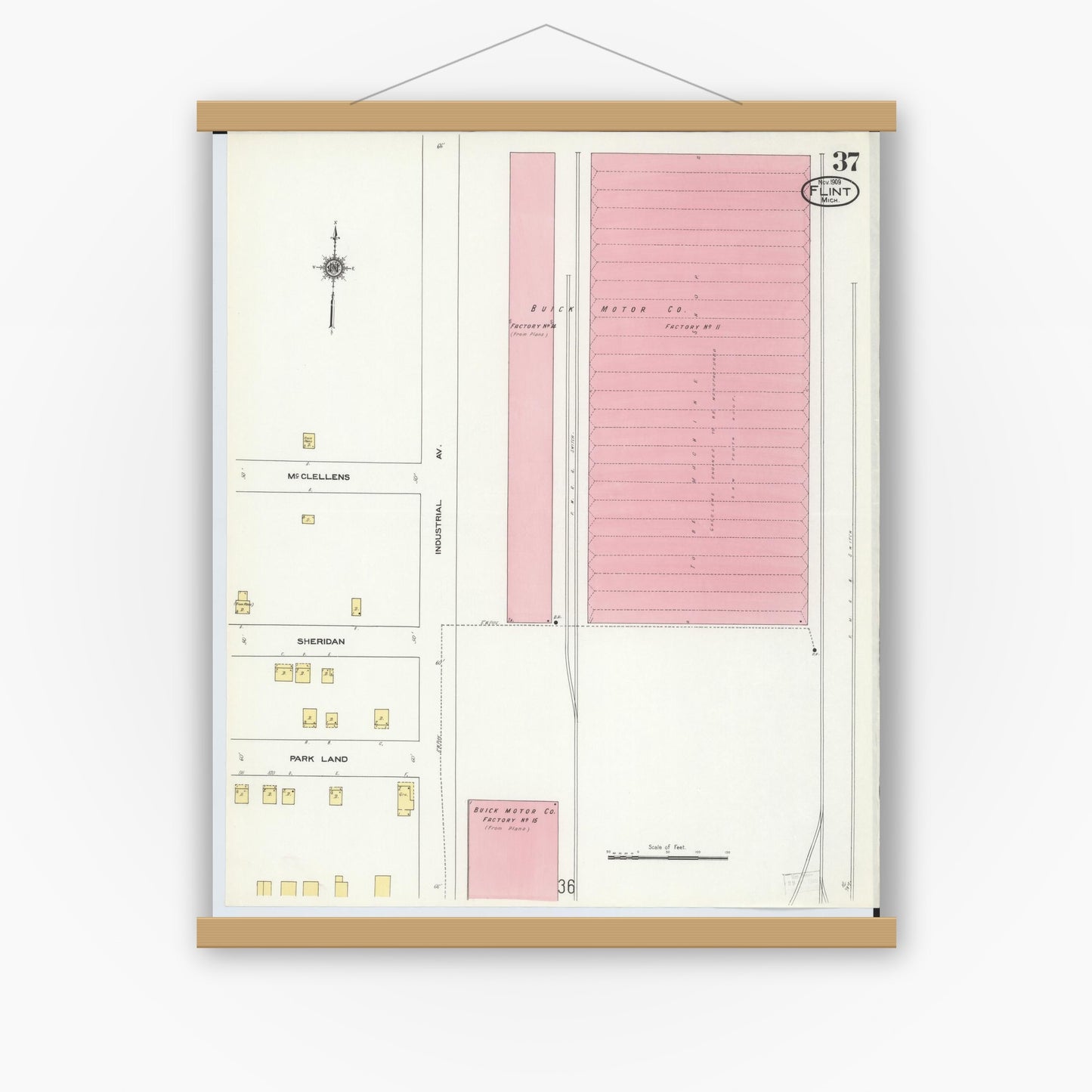 Old map wall art mockup — magnetic wood frame on white wall — Sanborn Fire Insurance Map from Flint, Genesee County, Michigan (1909), Sheet #0037