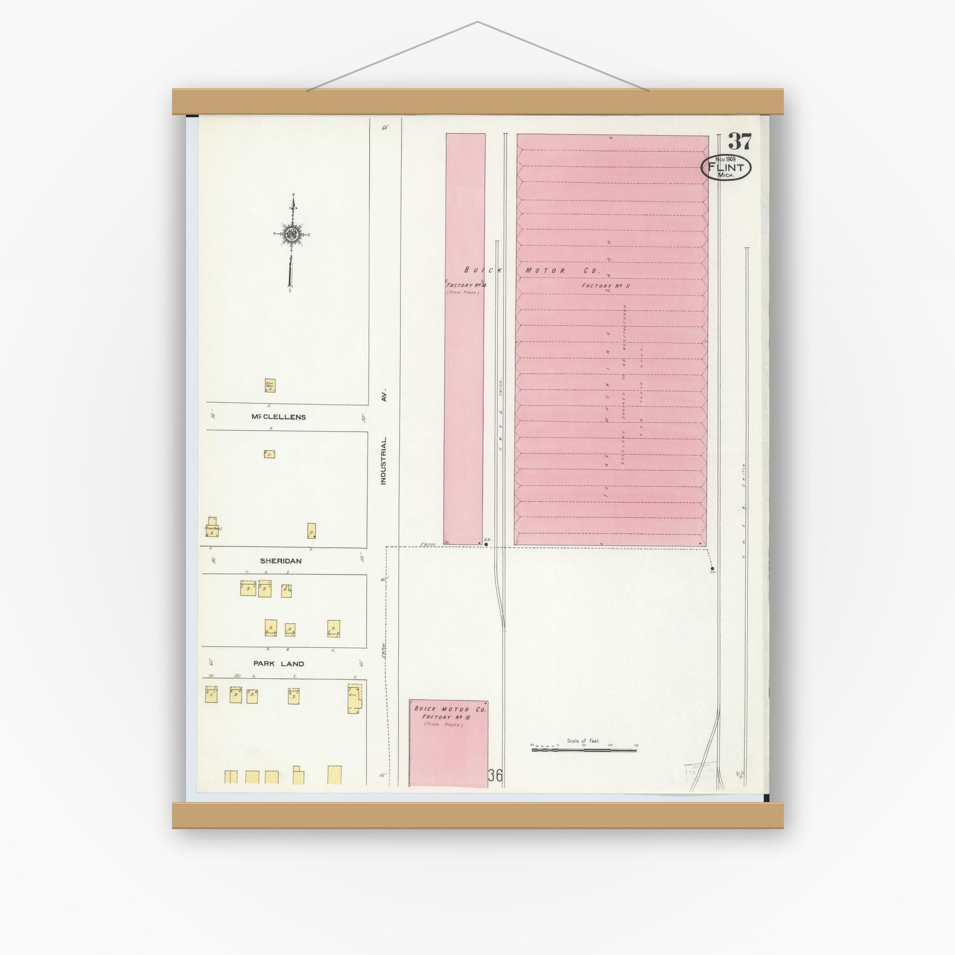 Old map wall art mockup — magnetic wood frame on white wall — Sanborn Fire Insurance Map from Flint, Genesee County, Michigan (1909), Sheet #0037