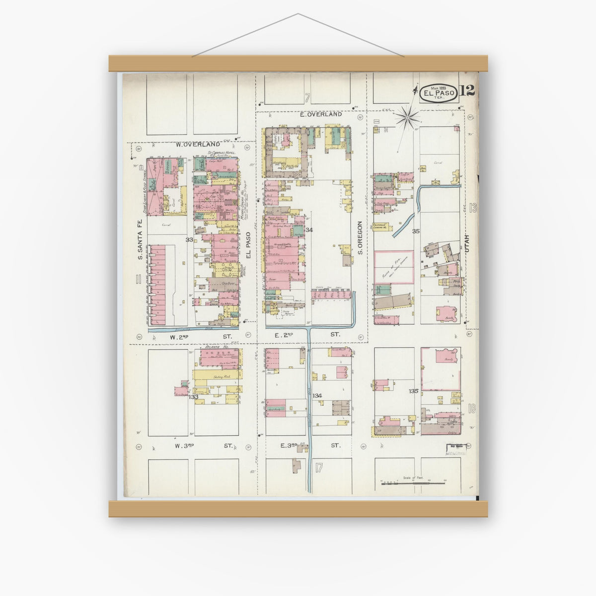 Old map wall art mockup — magnetic wood frame on white wall — Sanborn Fire Insurance Map from El Paso, El Paso County, Texas (1893), Sheet #0012