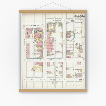 Old map wall art mockup — magnetic wood frame on white wall — Sanborn Fire Insurance Map from El Paso, El Paso County, Texas (1893), Sheet #0012