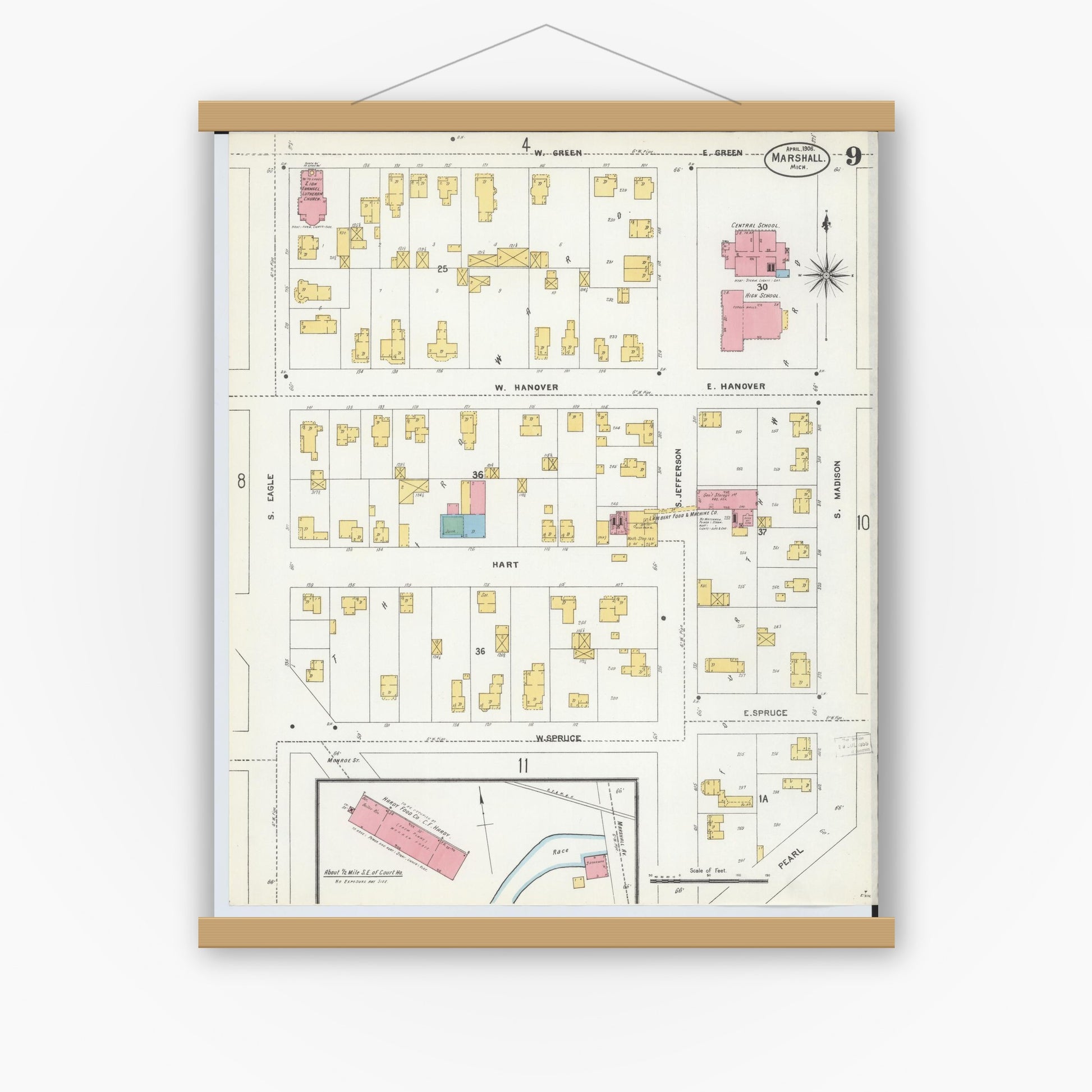 Old map wall art mockup — magnetic wood frame on white wall — Sanborn Fire Insurance Map from Marshall, Calhoun County, Michigan (1906), Sheet #0009