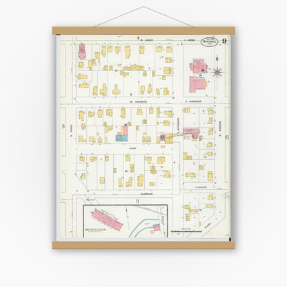 Old map wall art mockup — magnetic wood frame on white wall — Sanborn Fire Insurance Map from Marshall, Calhoun County, Michigan (1906), Sheet #0009