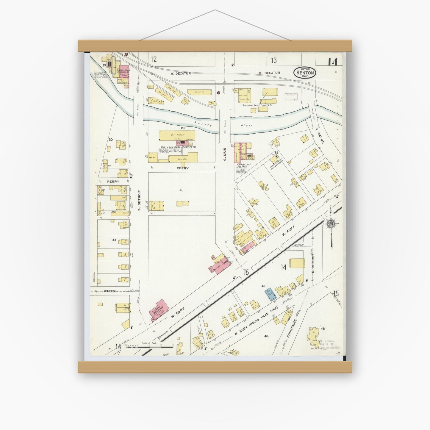 Old map wall art mockup — magnetic wood frame on white wall — Sanborn Fire Insurance Map from Kenton, Hardin County, Ohio (1911), Sheet #0014