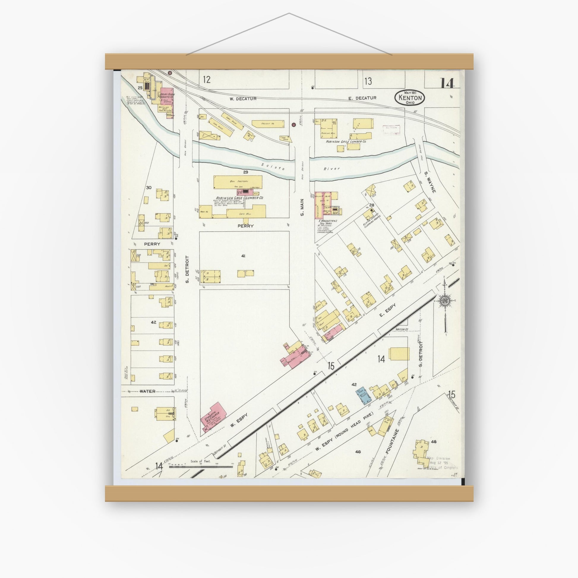 Old map wall art mockup — magnetic wood frame on white wall — Sanborn Fire Insurance Map from Kenton, Hardin County, Ohio (1911), Sheet #0014