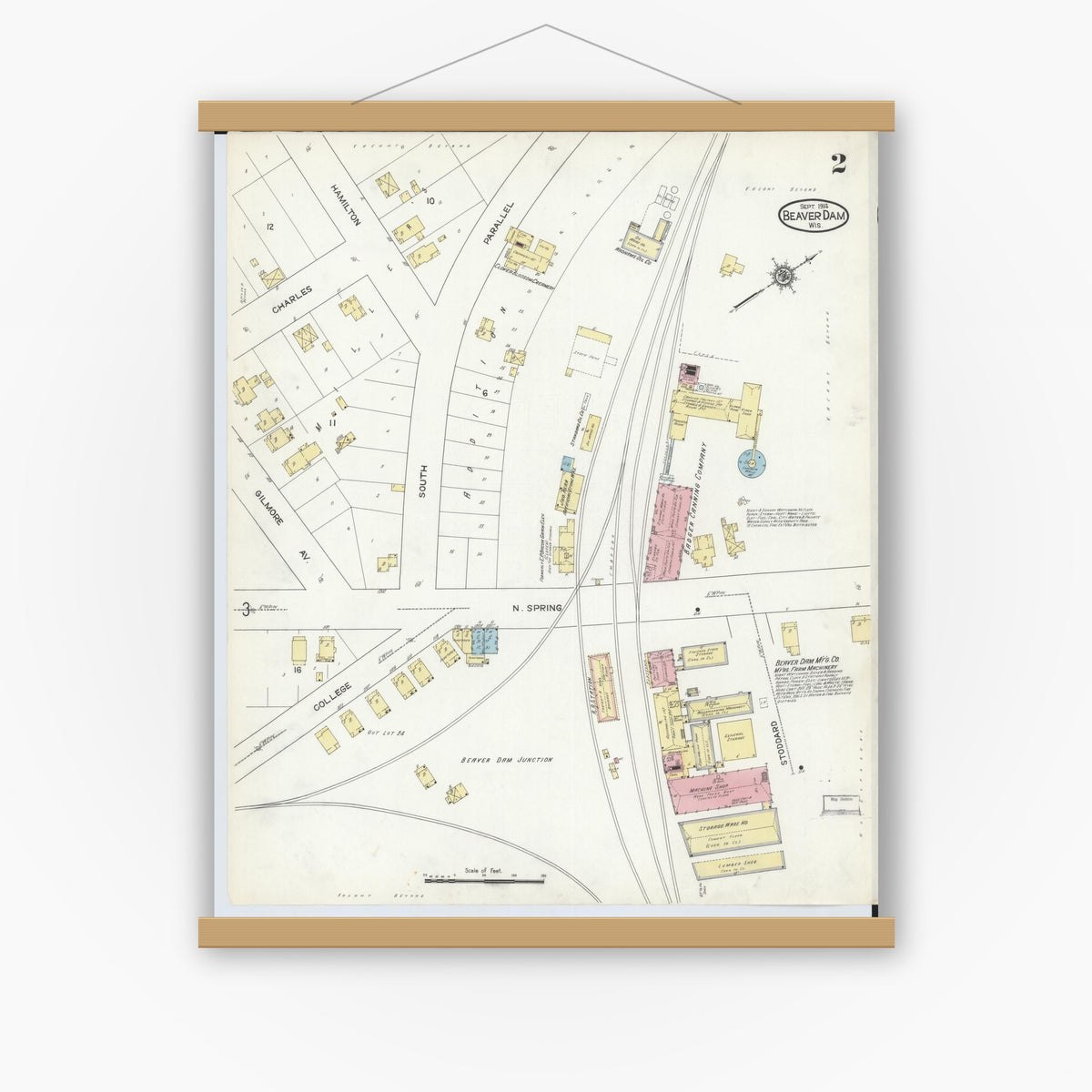 Old map wall art mockup — magnetic wood frame on white wall — Sanborn Fire Insurance Map from Beaver Dam, Dodge County, Wisconsin (1914), Sheet #0002