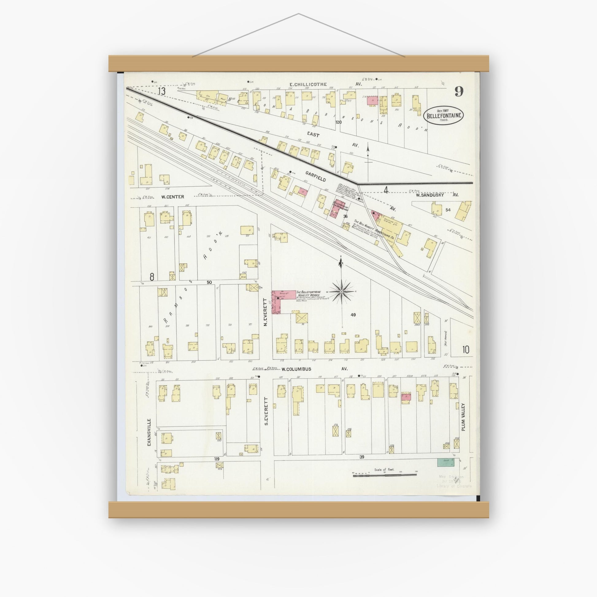 Old map wall art mockup — magnetic wood frame on white wall — Sanborn Fire Insurance Map from Bellefontaine, Logan County, Ohio (1907), Sheet #0009