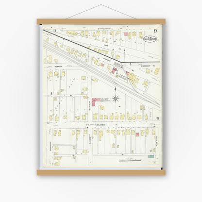Old map wall art mockup — magnetic wood frame on white wall — Sanborn Fire Insurance Map from Bellefontaine, Logan County, Ohio (1907), Sheet #0009