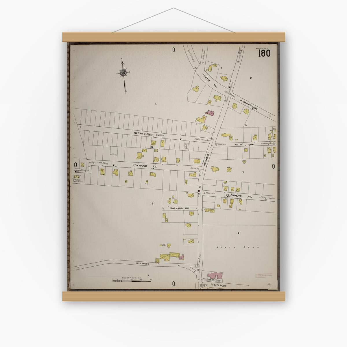 Old map wall art mockup — magnetic wood frame on white wall — Sanborn Fire Insurance Map from Worcester, Worcester County, Massachusetts (1910), Sheet #0180