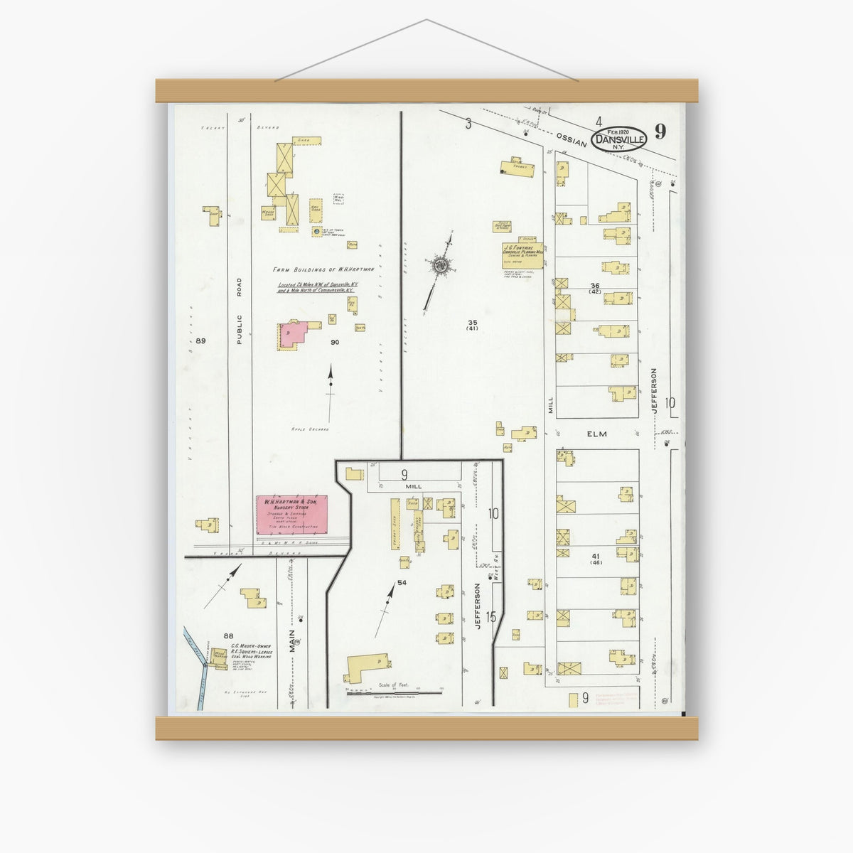 Old map wall art mockup — magnetic wood frame on white wall — Sanborn Fire Insurance Map from Dansville, Livingston County, New York (1920), Sheet #0009