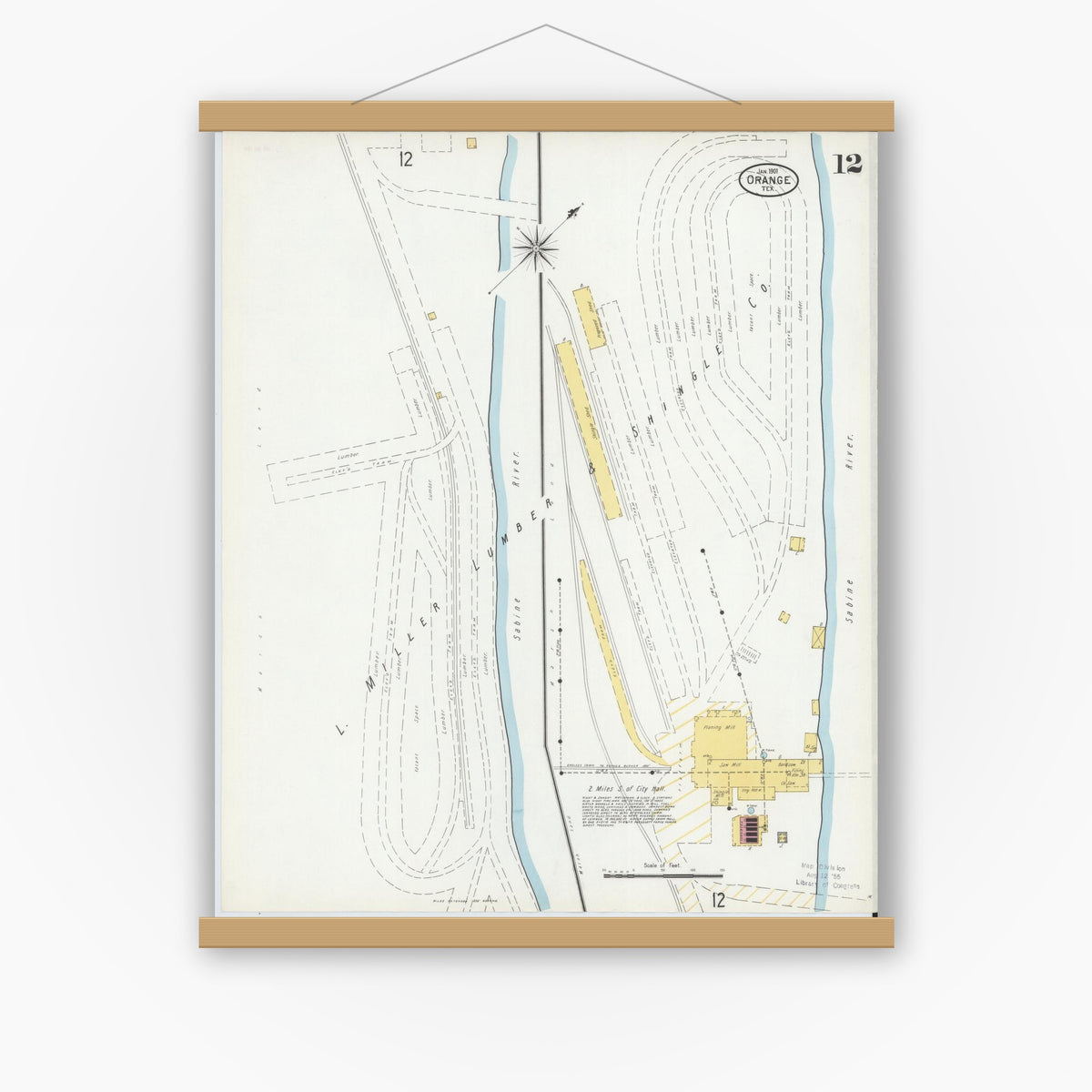 Old map wall art mockup — magnetic wood frame on white wall — Sanborn Fire Insurance Map from Orange, Orange County, Texas (1901), Sheet #0012