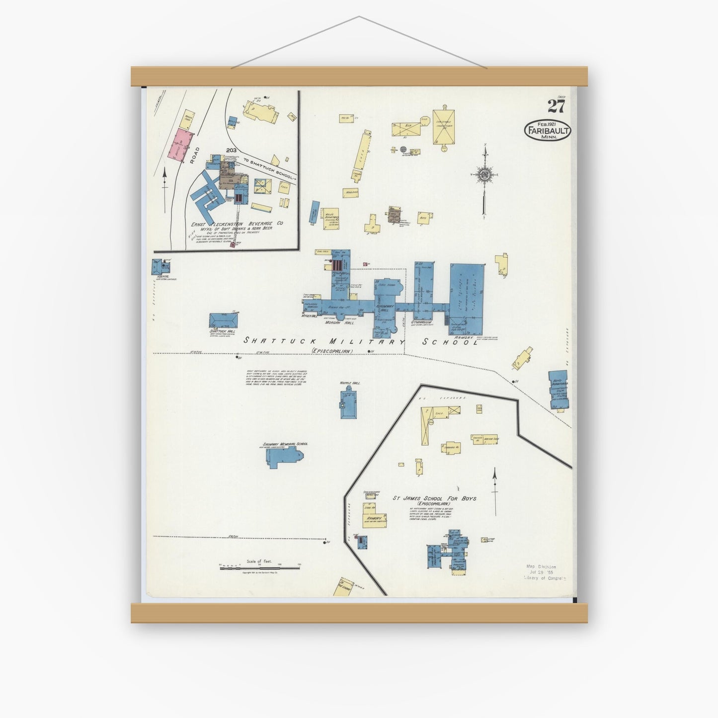 Old map wall art mockup — magnetic wood frame on white wall — Sanborn Fire Insurance Map from Faribault, Rice County, Minnesota (1921), Sheet #0027