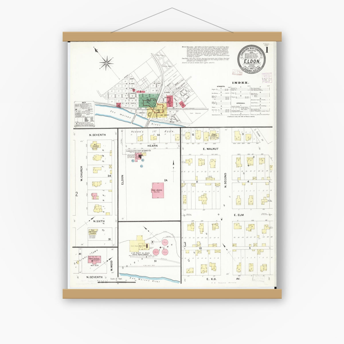 Old map wall art mockup — magnetic wood frame on white wall — Sanborn Fire Insurance Map from Eldon, Wapello County, Iowa (1907) â€” Complete Set